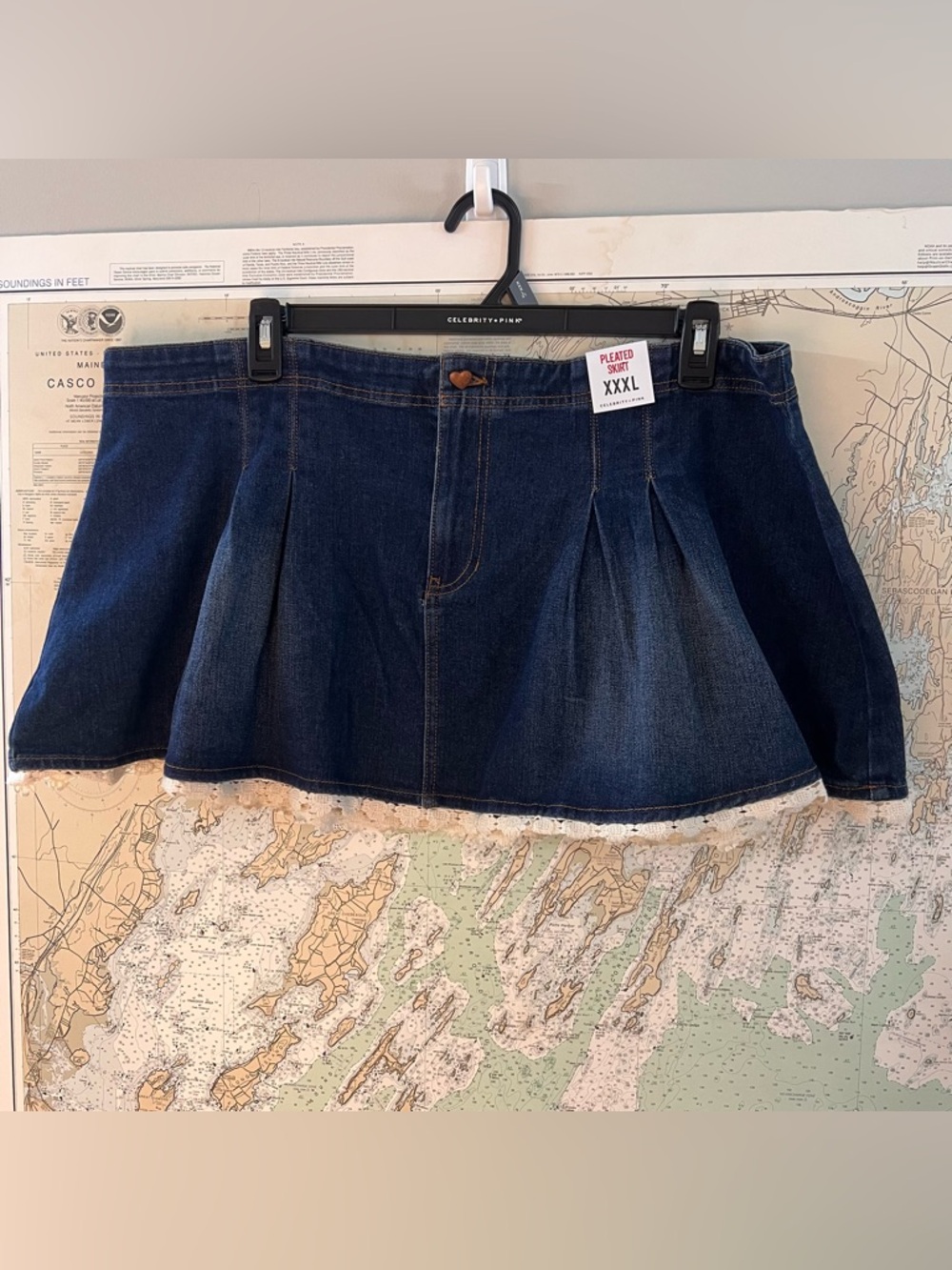 NWT! Pleated Skirt By Celebrity Pink Skirt Size XXXL Denim Pleated Lace Hem Mini